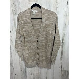 Women's Tan and White Cardigan Sweater M V-Neck Button-Up Long Sleeve Forever 21